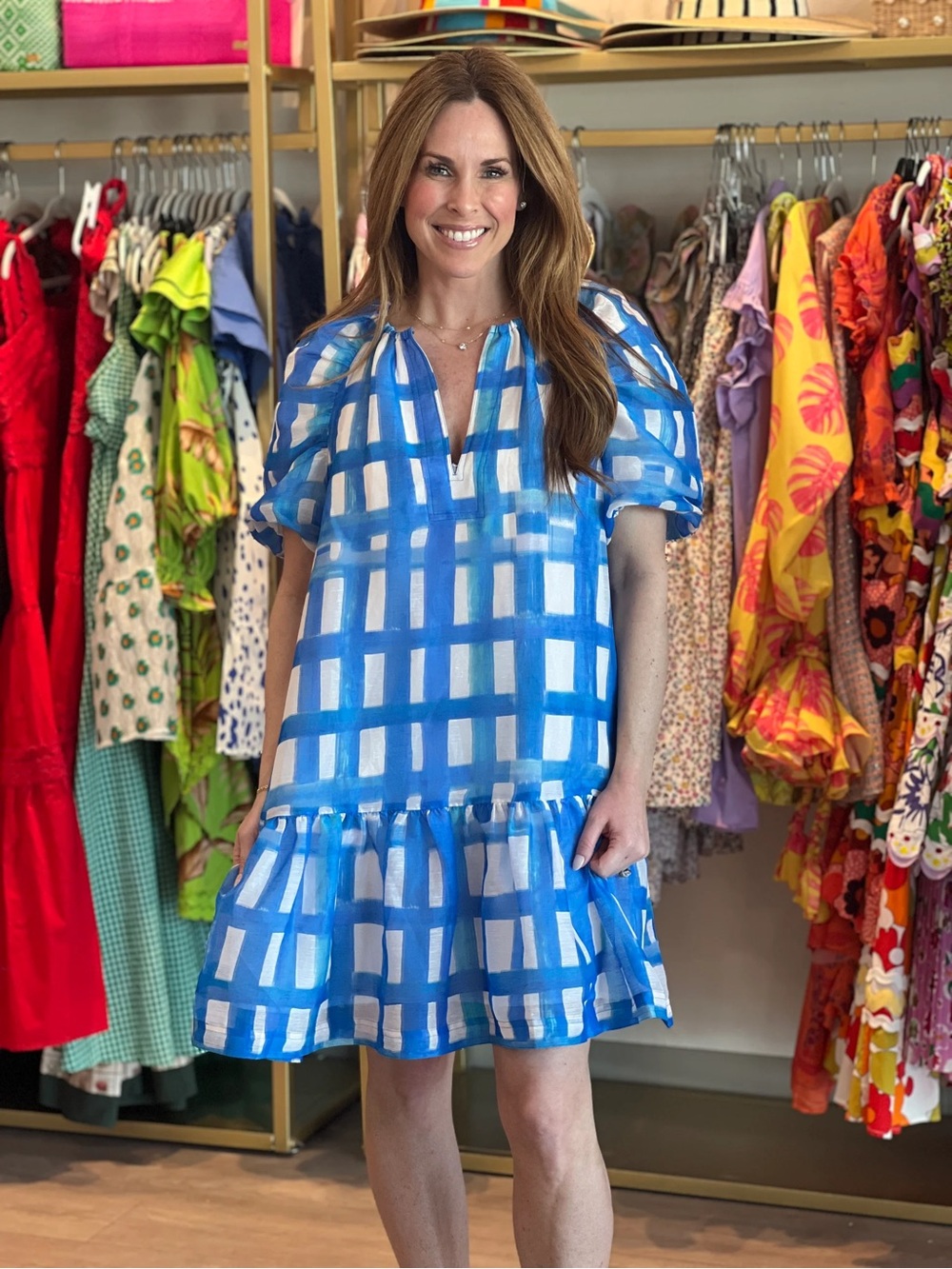 Marie Oliver greta mini dress gingham plaid amalfi silk linen raglan puff sleeve